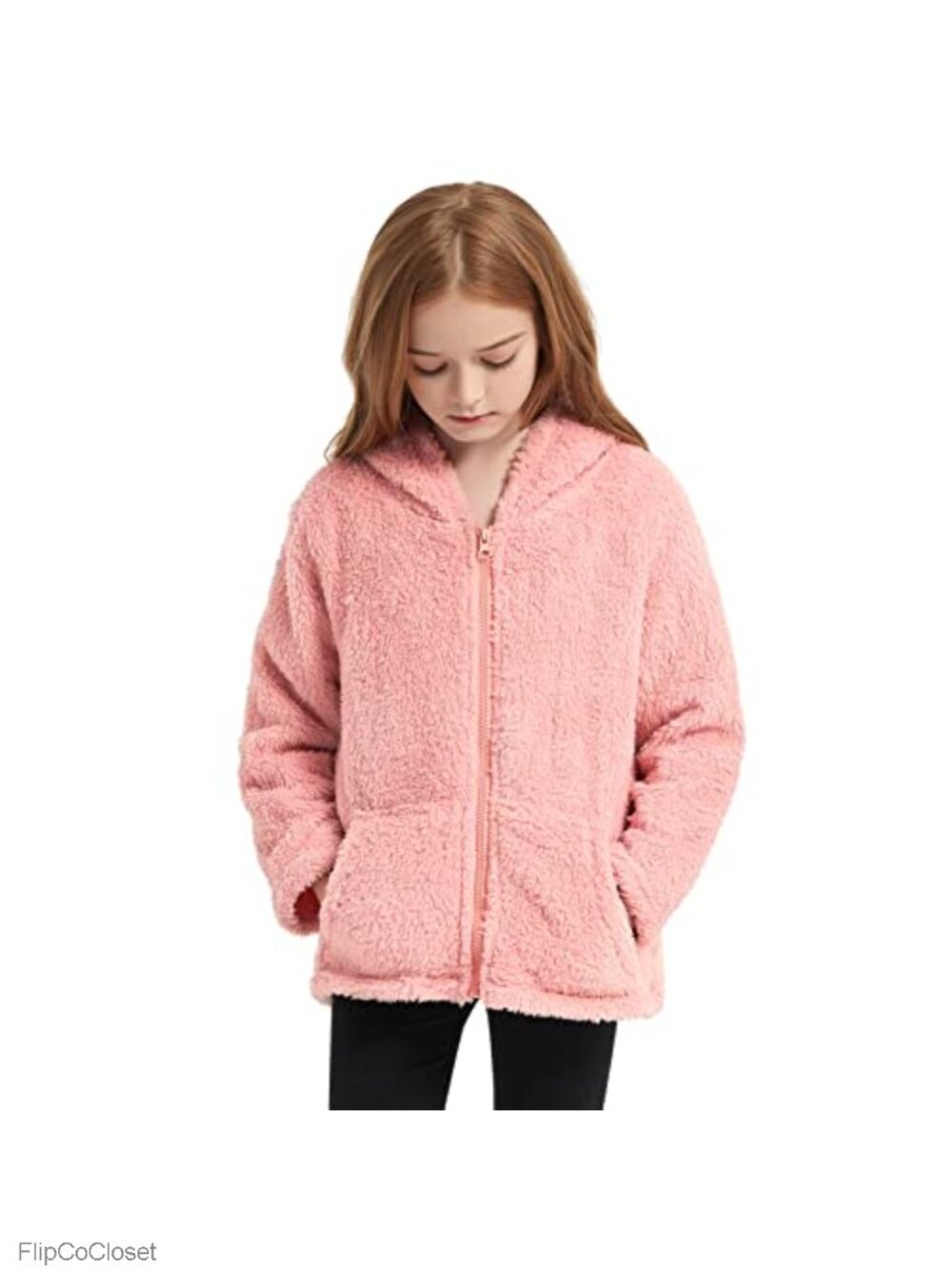 Girls Fuzzy Sherpa Full Zip Hoodie Fleece Jacket Pockets